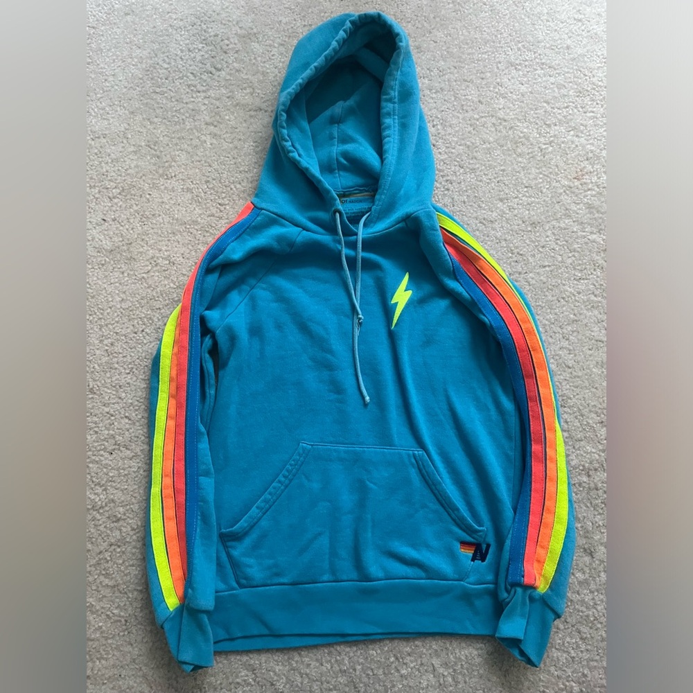 AVIATOR NATION 5-STRIPE HOODIE blue pull-over hoodie size:small unisex